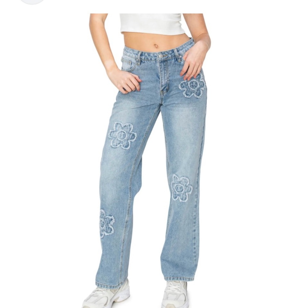 Floral Patterned Light Blue Straight Leg Jeans